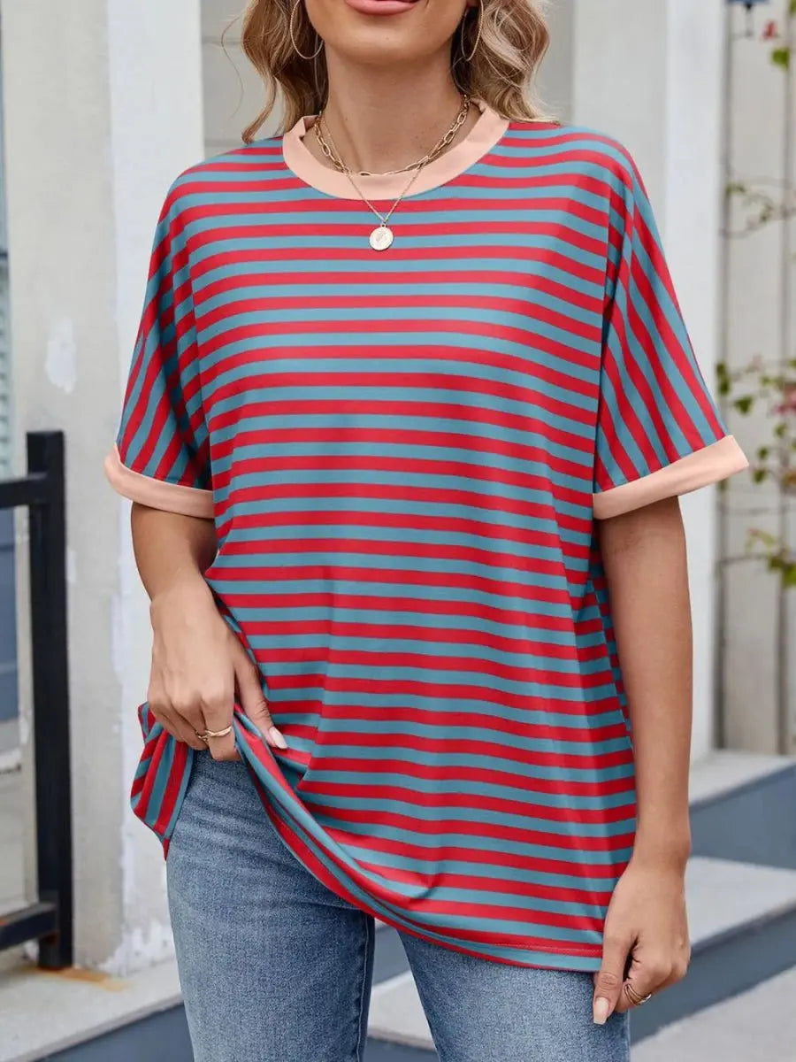 Stylish Striped Round Neck Half Sleeve T-Shirt for Women - Love Salve